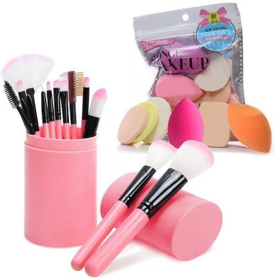 A PERFECT EDGE 12 Pcs Face & Eye Makeup Brush Set With Storage Box & 6 in 1 Makeup Sponge Puff(Pack of 18)