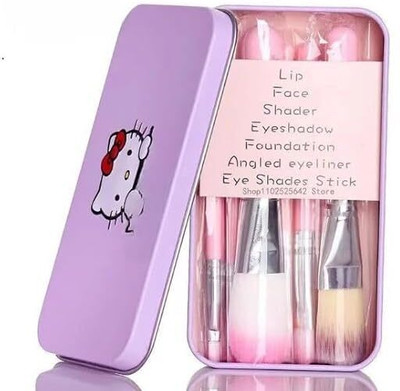 wotsriab Makeup Brush Set Hello Kitty Powder Foundation Blusher Pink Handle With Box(Pack of 5)