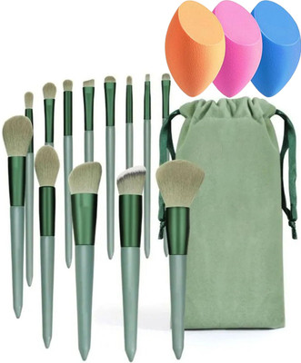 Glowrx Essential 13-brush set in pouch with 3 cushion puffs(16 Items in the set)