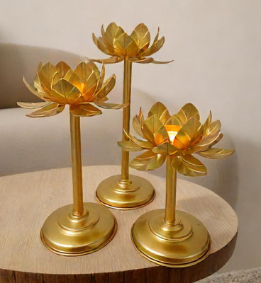 Easyera Golden Iron Table Lotus Flower T-light /Tealight Holder Diwali Diya Iron 3 - Cup Tealight Holder Set(Gold, Pack of 3)