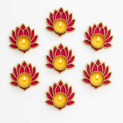 SHUBH CREATIONS Decorative Tealight Candle Holder Set with Artificial Flower Stainless Steel 7 - Cup Candle Holder Set(Red, Yellow, Pack of 7)