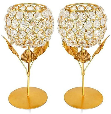 ROYAL MIRZA CREATION Crystal Beaded Golden Metal Tealight Candle Holders Iron, Glass 2 - Cup Candle Holder Set(Gold, Pack of 2)