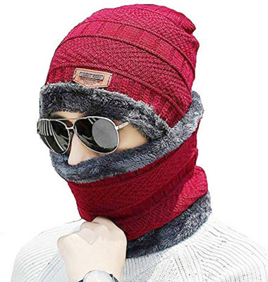EMPOISON Solid, Woven, Self Design Beanie Cap(Pack of 2)