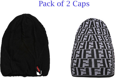 SFAB Self Design, Printed Beanie Cap(Pack of 2)