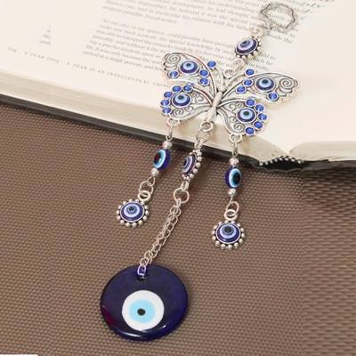 Divine creation Butterfly Evil Eye Wall Hanging - Enhance Health & Protection in Your Home Decorative Showpiece  -  25 cm(Metal, Blue)