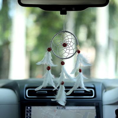 Dream Catcher Car Hanging Evil Eye with White Beads & White Feathers Hanging Car Hanging Ornament(Pack of 1)