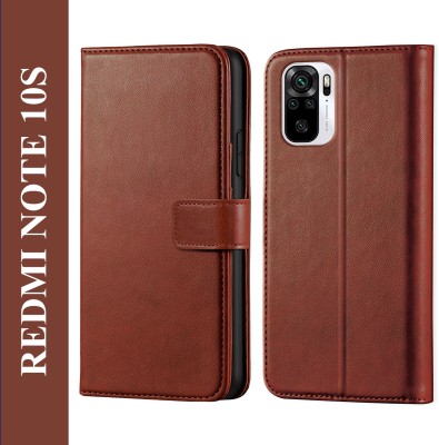 Scyther Back Cover for Redmi Note 10S - Inbuilt Stand & Card Pockets | Hand Stitched | Wallet Flip Case(Brown, Card Holder, Pack of: 1)