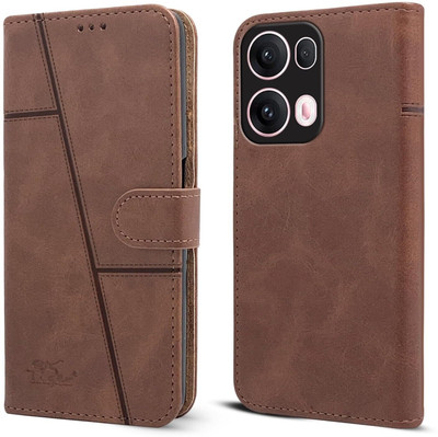 MobieGenie Flip Cover for Oppo Reno 13 Pro 5G (Inside TPU with Card Pockets | Wallet Stand)(Brown, Dual Protection, Pack of: 1)