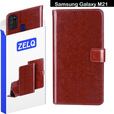 Zelq Flip Cover for Samsung Galaxy M21(Brown, Magnetic Case, Pack of: 1)
