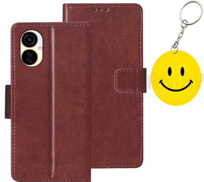 HANIRY Flip Cover for Tecno Camon 19 Neo mobile flip cover | CH6i mobile flip cover |Free Smiley Keychain |Brown(Brown, Dual Protection, Pack of: 1)