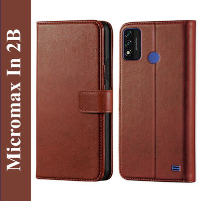 ponyta Back Cover for Micromax In 2B - Inbuilt Stand & Card Pockets | Hand Stitched | Wallet Flip Case(Brown, Card Holder, Pack of: 1)