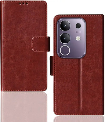 Kalua Mall Flip Cover for Vivo T4x 5G | V2437 pouch cover | Inside TPU with Card Pockets | Wallet Stand | Brown(Brown, Magnetic Case, Silicon, Pack of: 1)
