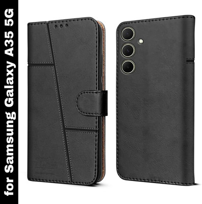 MobieGenie Flip Cover for Samsung Galaxy A35 5G (Leather Finish | Inside TPU with Card Pockets | Wallet Stand)(Black, Dual Protection, Pack of: 1)