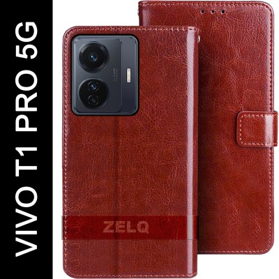 Zelq Flip Cover for vivo T1 Pro 5G(Brown, Magnetic Case, Pack of: 1)