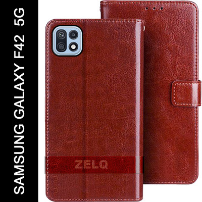 Zelq Flip Cover for SAMSUNG Galaxy F42 5G(Brown, Magnetic Case, Pack of: 1)