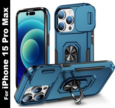 ShieldTech Back Cover for iPhone 15 Pro Max, Sliding Camera Shield Cover & 360° Protection Ring Stand Mobile Phone Case(Blue, Ring Case)