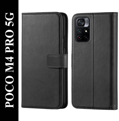 Scyther Back Cover for Poco M4 Pro 5G - Inbuilt Stand & Card Pockets | Hand Stitched | Wallet Flip Case(Black, Card Holder, Pack of: 1)