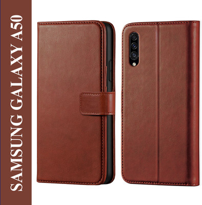 ponyta Back Cover for Samsung Galaxy A50 - Inbuilt Stand & Card Pockets | Hand Stitched | Wallet Flip Case(Brown, Card Holder, Pack of: 1)