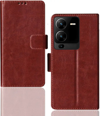 Kalua Mall Flip Cover for Vivo V25 Pro 5G | V2158 pouch cover | Inside TPU with Card Pockets | Wallet Stand | Brown(Brown, Magnetic Case, Silicon, Pack of: 1)
