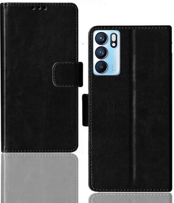Kalua Mall Flip Cover for Oppo Reno 6 5G | PEQM00 flip cover | Inside TPU with Card Pockets | Wallet Stand | Black(Black, Magnetic Case, Silicon, Pack of: 1)