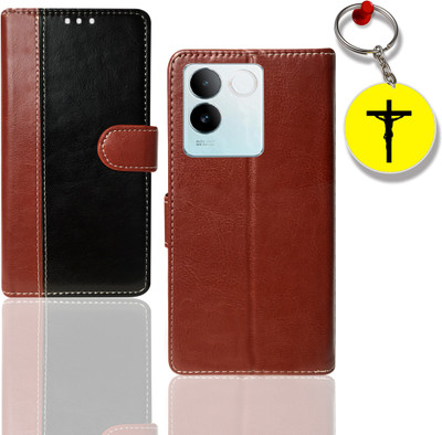 HANIRY Flip Cover for Iqoo Z7 Pro 5G pouch cover | Iqoo I2301 pouch cover | Cross Keychain | Black, Brown(Black, Magnetic Case, Pack of: 1)