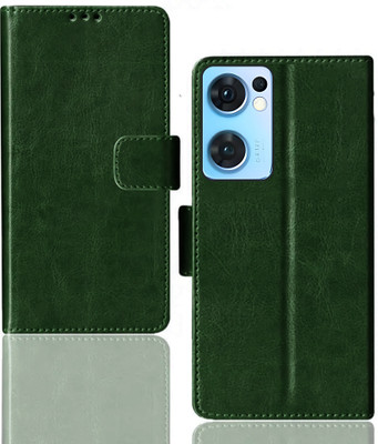 Kalua Mall Flip Cover for Oppo Reno 7 5G | CPH2371 flip case | Inside TPU with Card Pockets | Wallet Stand | Green(Green, Magnetic Case, Silicon, Pack of: 1)