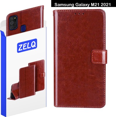 Zelq Flip Cover for Samsung Galaxy M21 2021(Brown, Magnetic Case, Pack of: 1)