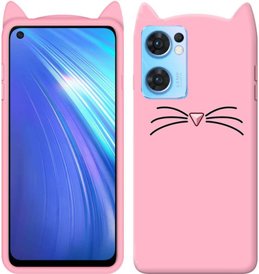 COVERNEW Back Cover for Oppo Reno7 5G | Soft Rubber Billi Ear Cartoon Girls Cat Back Case(Pink, Flexible, Pack of: 1)