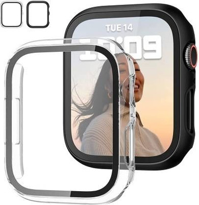 DPJ Front and Back Tempered Glass for Hard PC Bumper Tempered Glass Screen Protective Case Cover Compatible for Apple iWatch Series 8/7 (45mm) (Black & White)(Pack of 2)