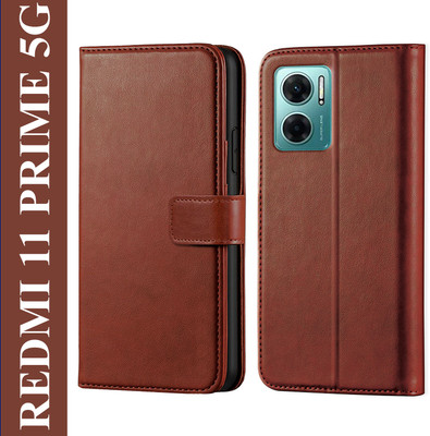 Scyther Back Cover for Redmi 11 Prime 5G - Inbuilt Stand & Card Pockets | Hand Stitched | Wallet Flip Case(Brown, Card Holder, Pack of: 1)