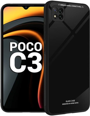 ELEF Back Cover for Poco C3 Luxurious Toughened Glass Back Shockproof TPU Bumper Case(Black, Shock Proof, Pack of: 1)