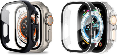 TSHIENTT Front and Back Tempered Glass for Apple Watch Series 8 49MM Hard PC Case with 9H Tempered Glass Screen Protector Compatible with U9 Ultra, MT8 Ultra, TG88 Ultra, S8 Ultra, Ultra-Thin Scratch Resistant Overall Protective Cover Size-49mm -Clear & Black(Pack of 2)