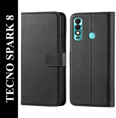 Scyther Back Cover for Tecno Spark 8 - Inbuilt Stand & Card Pockets | Hand Stitched | Wallet Flip Case(Black, Card Holder, Pack of: 1)