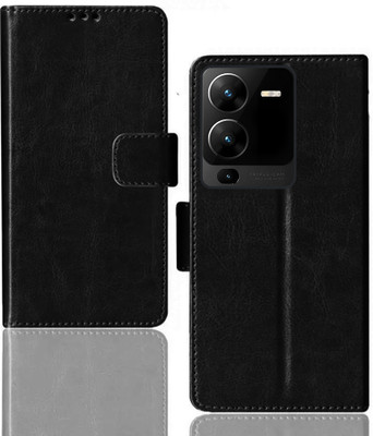 Kalua Mall Flip Cover for Vivo V25 Pro 5G | V2158 flip cover | Inside TPU with Card Pockets | Wallet Stand | Black(Black, Magnetic Case, Silicon, Pack of: 1)
