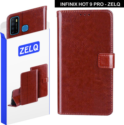 Zelq Flip Cover for Infinix Hot 9 Pro(Brown, Magnetic Case, Pack of: 1)