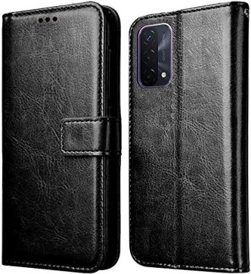 LOGELI Flip Cover for PU Leather Flip Cover Wallet Case with TPU Silicone Back Case Cover for Oppo A74 5G(Black, Pack of: 1)