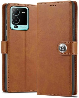 ANTAL Wallet Case Cover for Jannid Designer Button Leather Flip Cover for Vivo V25 Pro 5G - Brown(Brown, Magnetic Case, Pack of: 1)