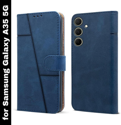 MobieGenie Flip Cover for Samsung Galaxy A35 5G (Leather Finish | Inside TPU with Card Pockets | Wallet Stand)(Blue, Dual Protection, Pack of: 1)