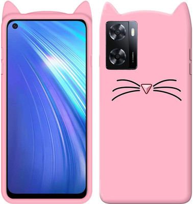 COVERNEW Back Cover for OPPO A57 4G (2022) | Soft Rubber Billi Ear Cartoon Girls Cat Back Case(Pink, Flexible, Pack of: 1)