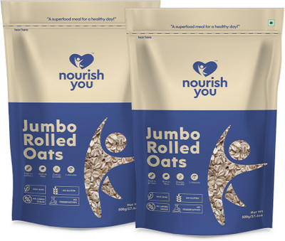 Nourish You Jumbo Rolled Oats, Wholegrain Breakfast, High Protein Oats for Weight Loss Sachet(2 x 500 g)