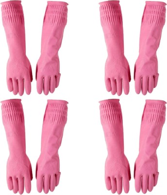 RBGIIT 4 PAIR Pink Koren Designer Make In Indian For Special Women Girls Lovely Coloured Gloves Rubber Reusable Long Sleeve Latex Natural Rubber Hand Protective Sanitation Household Gloves Latex Natural Rubber Pink Gloves Inner White Floded Koren Designer Collection Good Quality Kitchen Washing,Home