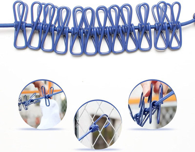 Shashi Store Portable Multi Functional Drying Rope with 12 Clips and 2 Hooks Iron Cloth Clips(Multicolor)