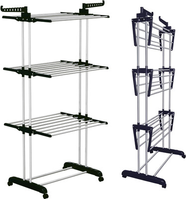 THUNDERFIT Steel Floor Cloth Dryer Stand Stainless Steel Cloth Drying Stand A1 (Mid Black)(3 Tier)