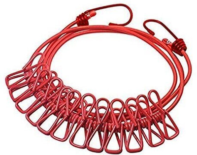 UNIQENTERPRISE Cloth-Drying Rope with Hooks Elastic Cloth Hanging 12 Clips Plastic, Steel Cloth Clips(Multicolor)