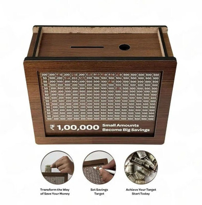 Adveriq Wooden Money Saving Box Cash Saver Money Box with Counting Target Coin Bank(Brown)