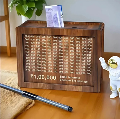 SK PARO Wooden Money/Piggy Bank for Kids, Savings Challenge Box, Money-Saving 1,00,000 Coin Bank(Brown)