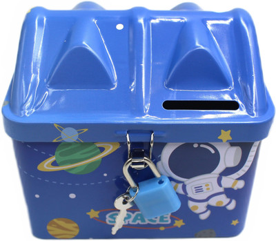 neoinsta shopping Medium size space prints on it metal piggy bank with lock and key blue color Coin Bank(Blue)