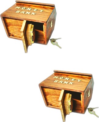 ARK WOOD ART stylish hut shape Wooden donation bank with new hut bank(combo of 2 packs) Coin Bank(Brown)