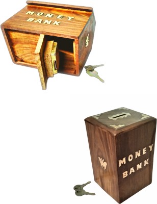 ARK WOOD ART stylish hut shape Wooden donation bank with new square bank (combo of 2 packs) Coin Bank(Brown)