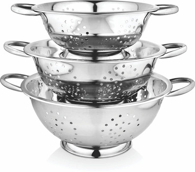 PRABHA stainless Steel Colander, Strainer, 23/26/28 CM with Pudding and Handle Collapsible Strainer(Silver Pack of 3)